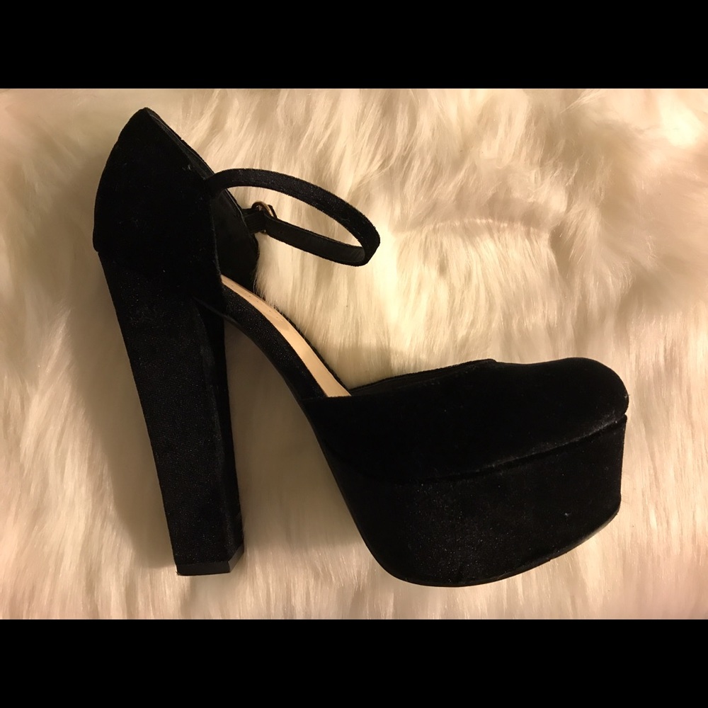 Kurt Geiger velvet ankle strap black platforms