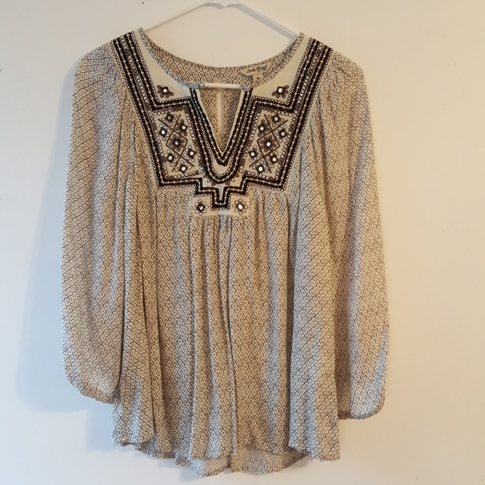 Printed Peasant Neck Blouse w/ Embroidered Bib
