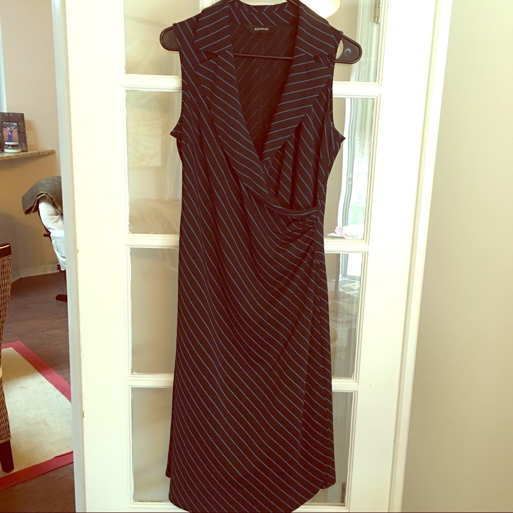 Blue pin-striped sleeveless Express wrap dress