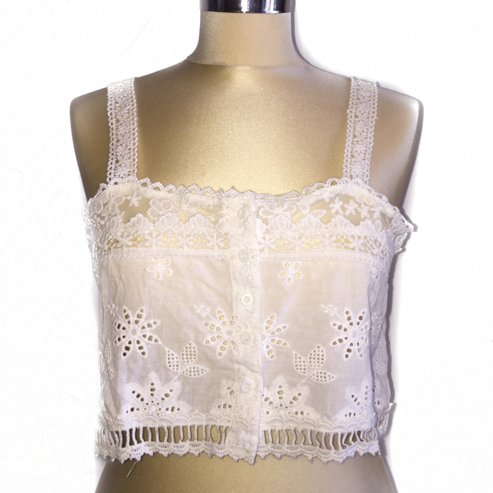 Millau White Woven Lace Crop Top with Buttons,