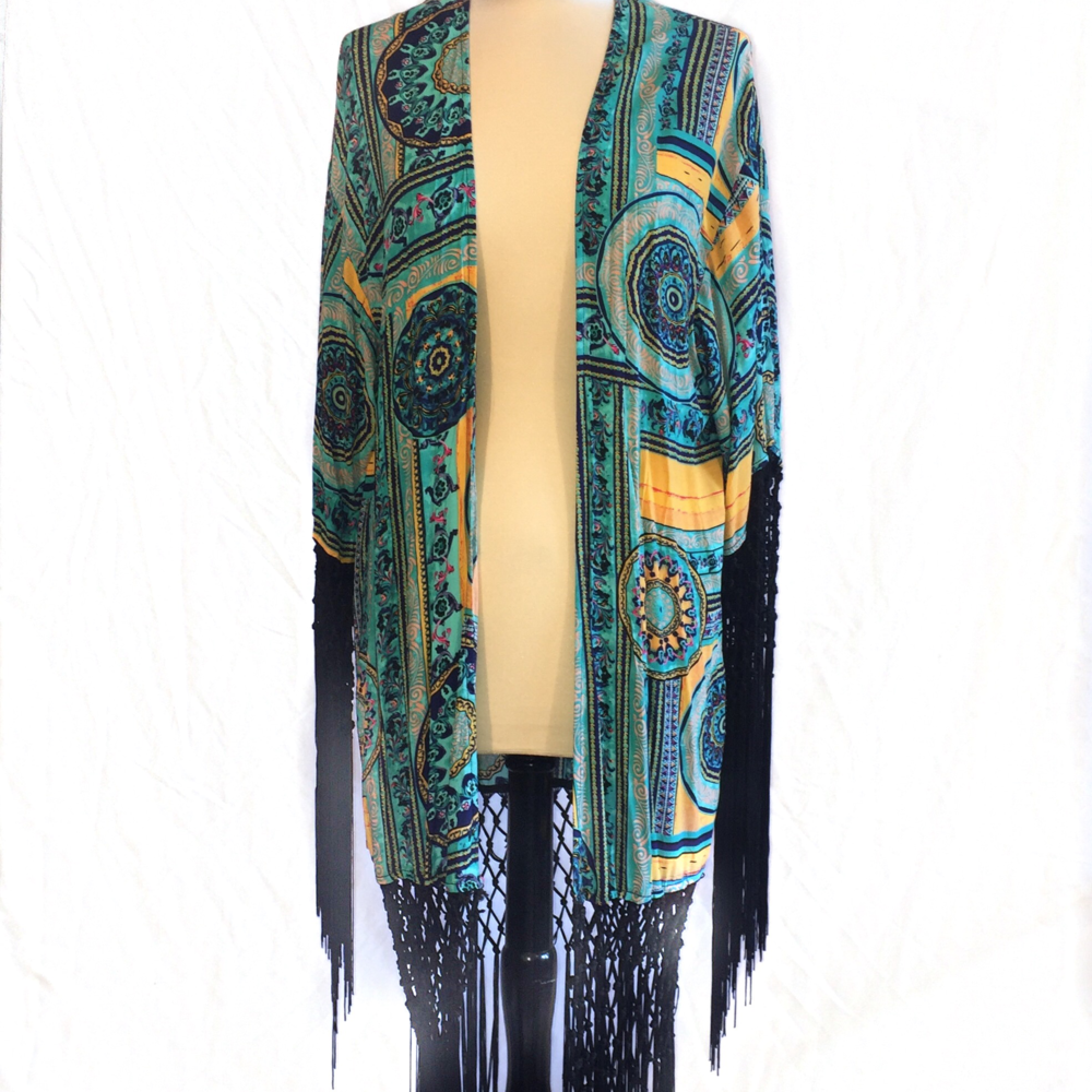 Trendy turquoise cardigan with Long Black Fringe,