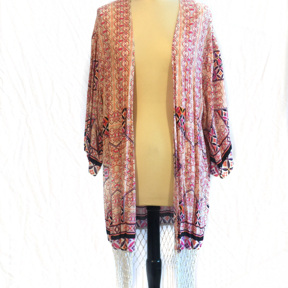 Light Pink and Black Fringed Cardigan Retro Print,