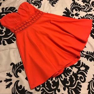 A'gaci Strapless Coral Embroidered Lace Dress