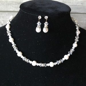Pearl and crystal necklace and earrings