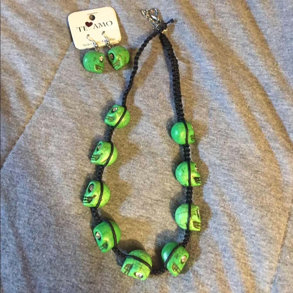 Green skull necklace and earrings set
