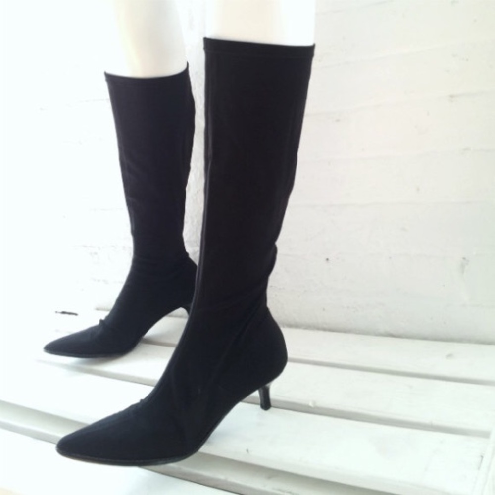 DKNY black knee high kitten heel boots