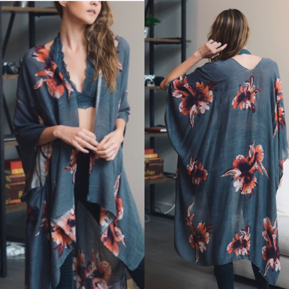 New Charcoal Floral Print Boho Sakura Kimono