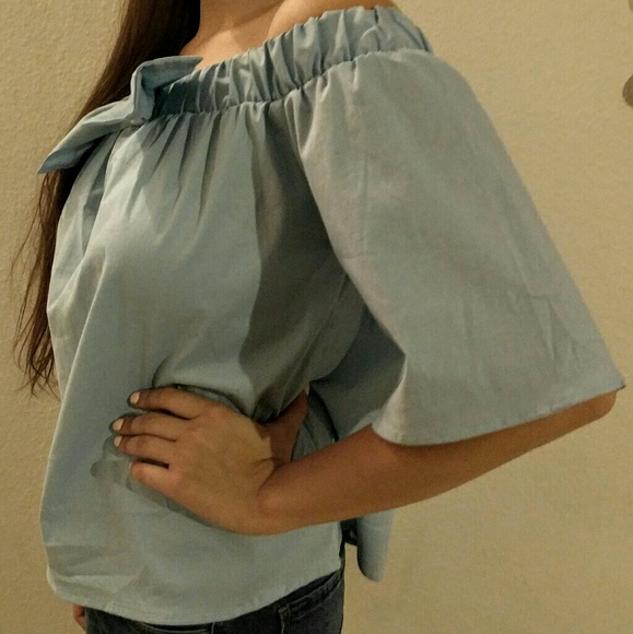 Host Pick ❤ Bow Off the Shoulder Blue Shirt - Picture 5 of 8