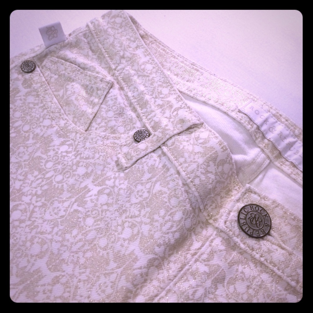 White Jean Capris - Metallic Gold Detail