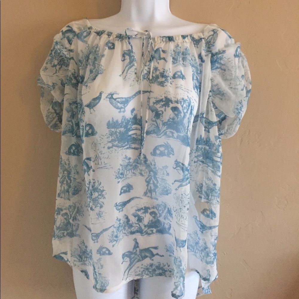 Sheer White Blouse with Blue Print
