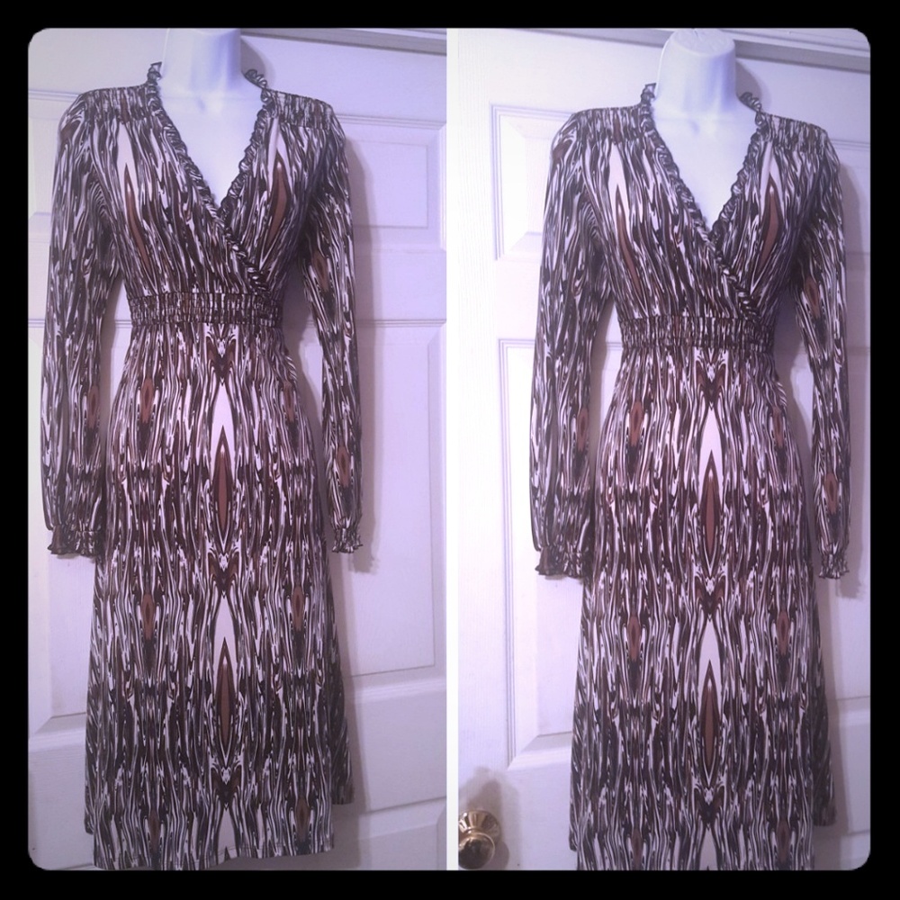 Brown&white print knit Aline dress
