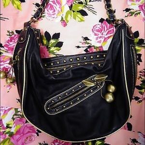 Betsey Johnson black 💯 leather gold cherry charm purse vintage handbag hobo rare