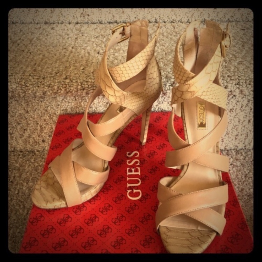Guess faux snake skin strapped sandal heel