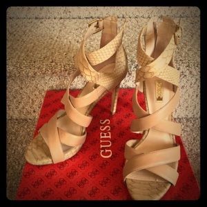 Guess faux snake skin strapped sandal heel