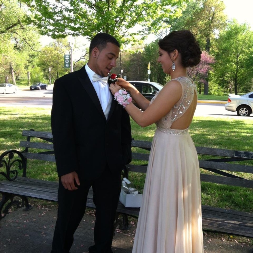 Cream Chiffon Stone Prom Dress Open Back