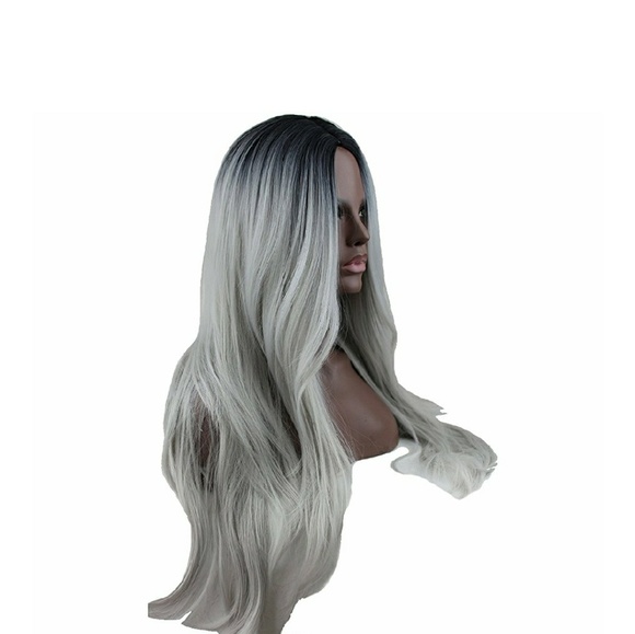 Ombre Black Roots Gray Straight Wave Wig
