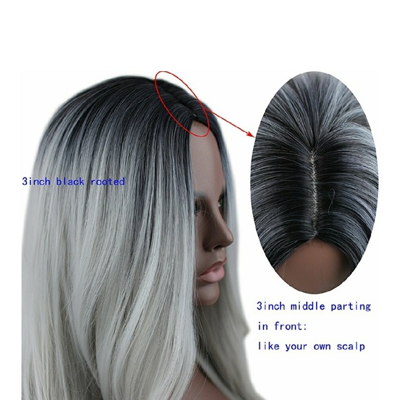 Ombre Black Roots Gray Straight Wave Wig main image 4