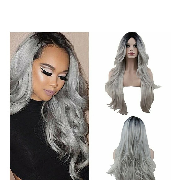 Ombre Black Roots Gray Straight Wave Wig main image 8