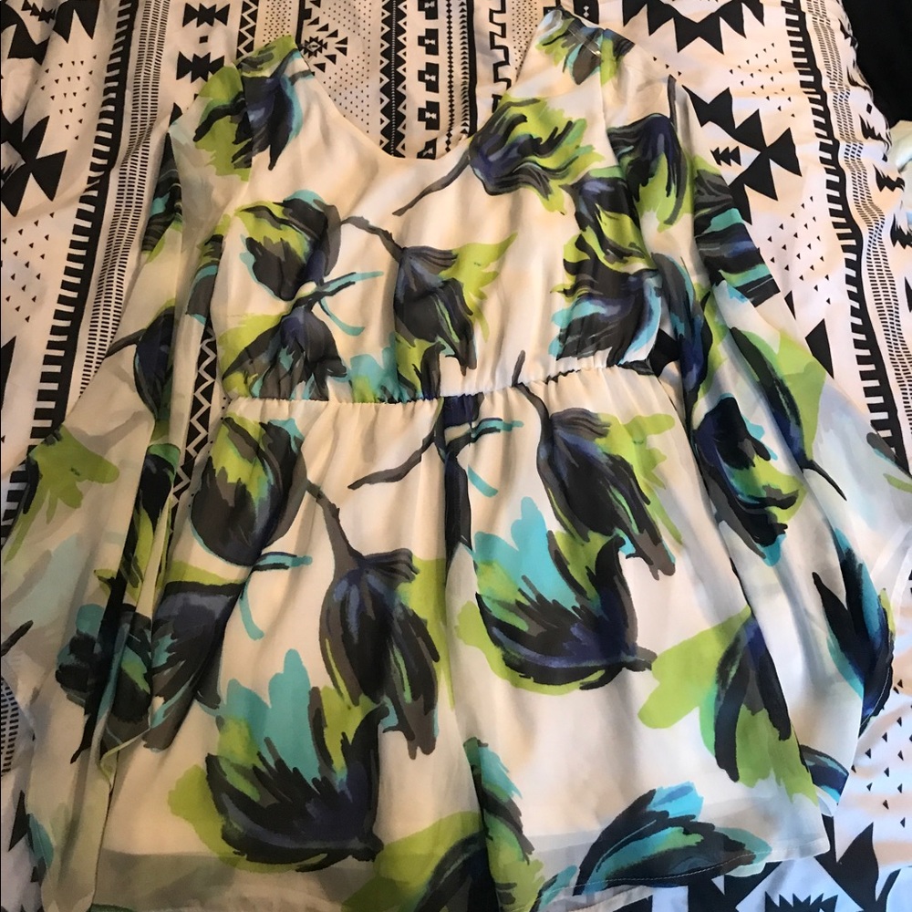 Green, blue, and white romper.