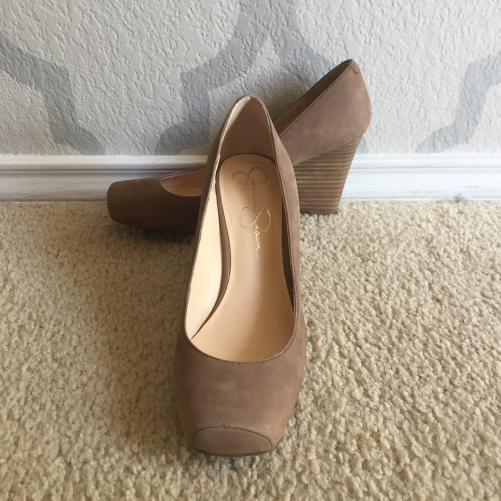 Square toe, suede wedges