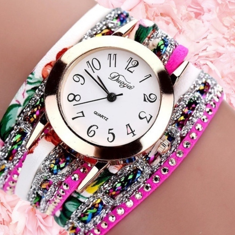 Pink Floral Leather Bound Boho Chic Wrap Watch
