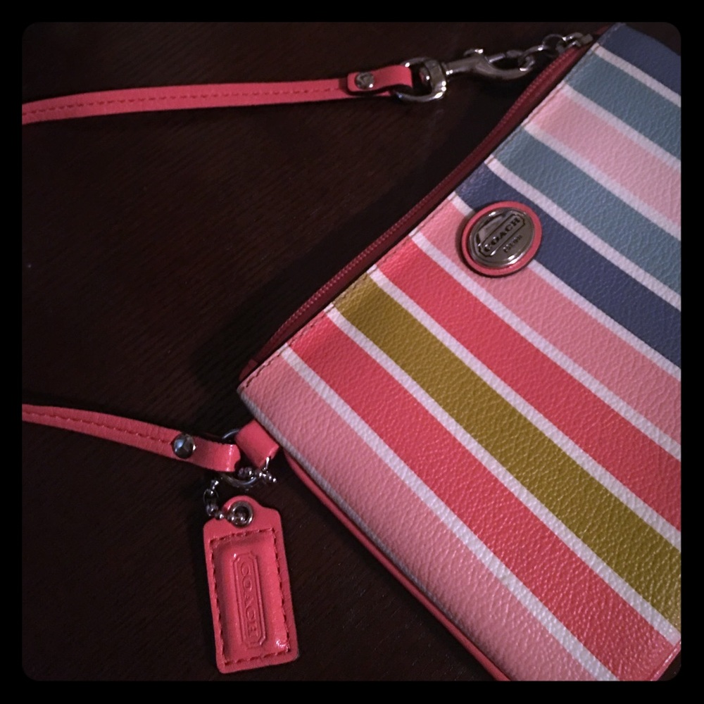 🌈Coach Bright Stripe Leather Coin Wristlet🌈