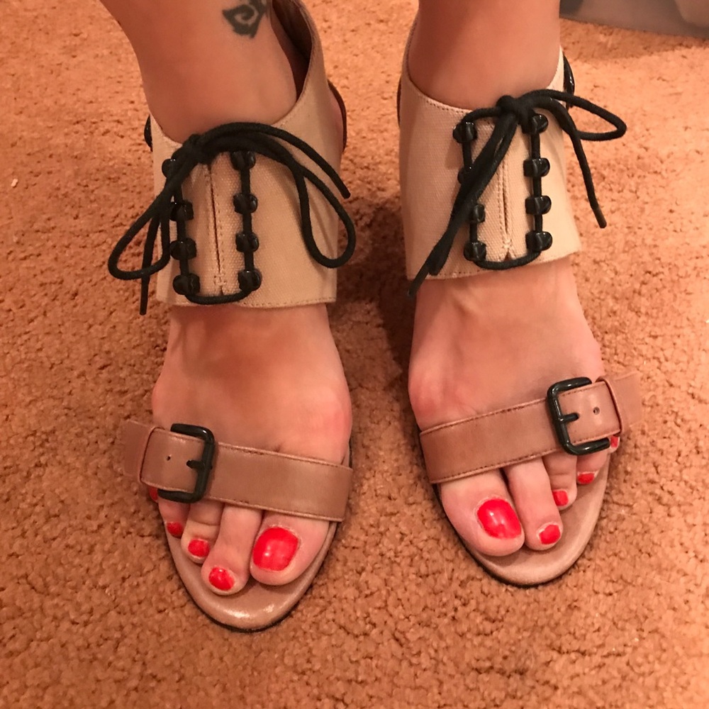 3" heel tan and beige heels.