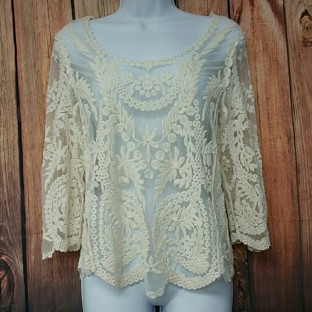Mascara Floral Lace Cream Sheer Ruffle Top Shirt