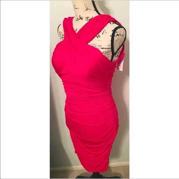 JustFab Red Ruched Criss Cross Halter Dress from Danielle's closet on