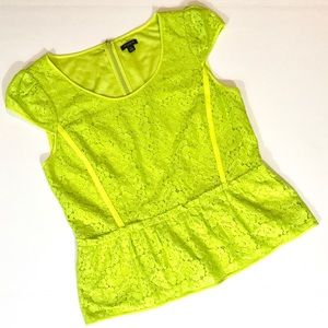 Ann Taylor Neon Bright Green Lace Peplum Top