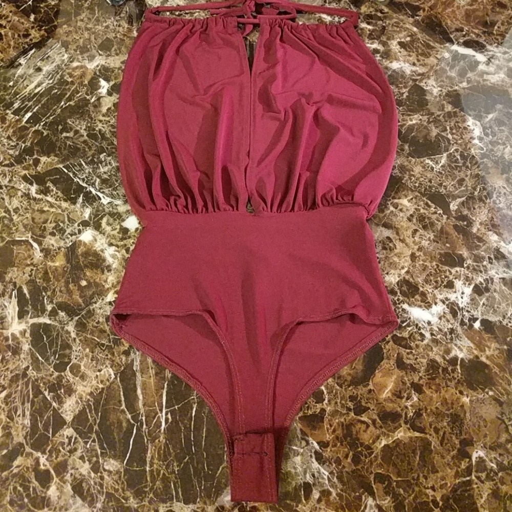 Burgundy Backless Halter Neck Bodysuit