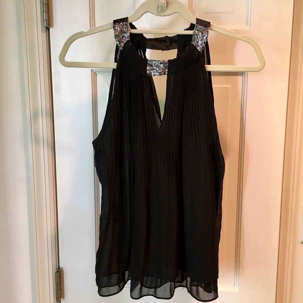 Beautiful Black Pleated Top - Silver Sequin Trim