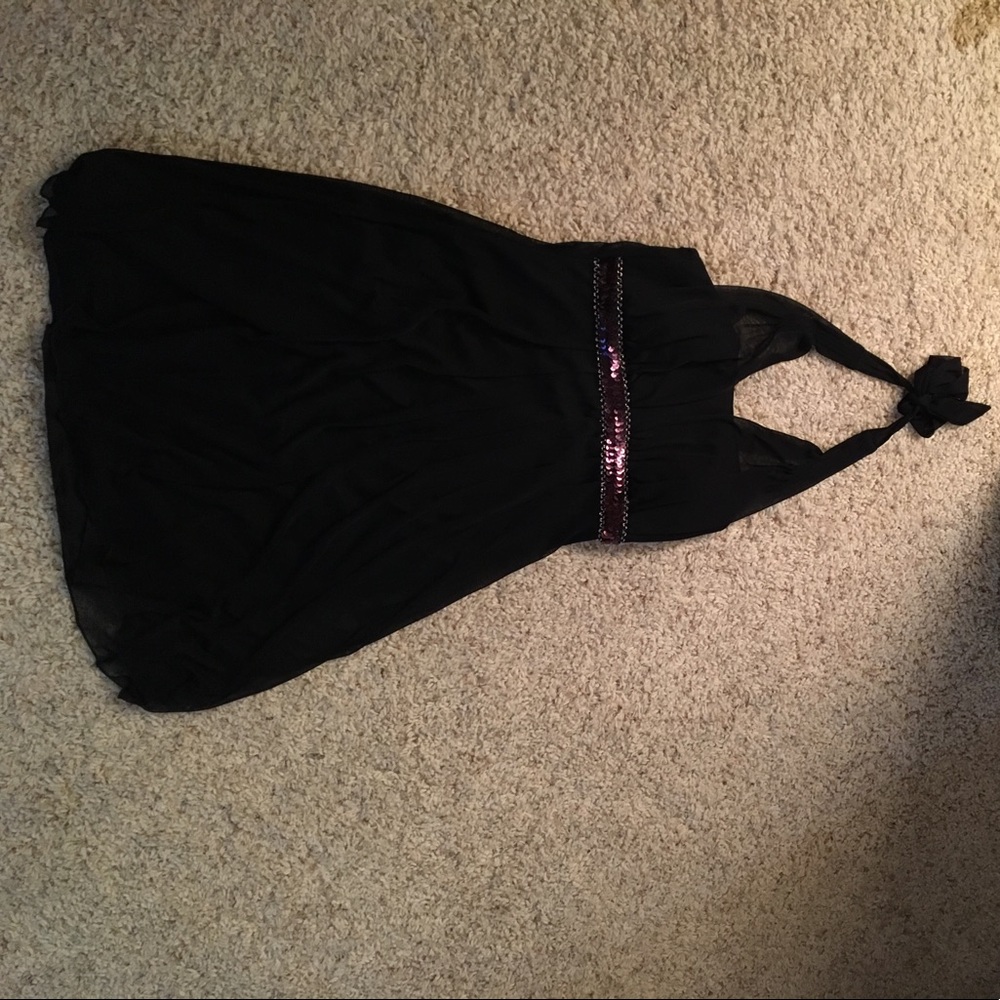 Semi formal navy halter dress with sequins at bust