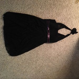 Semi formal navy halter dress with sequins at bust