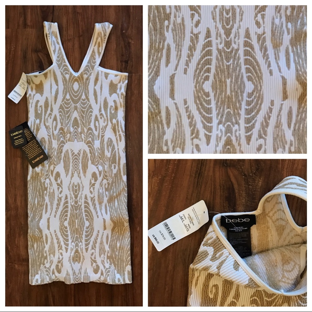 Bebe Ribbed Mini Bodycon White/Gold Pattern