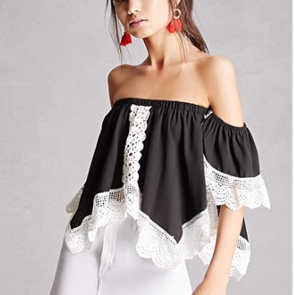 FOREVER 21 Crochet Off The Shoulder Top (Black)