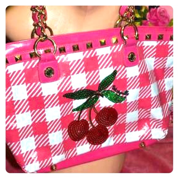 Betsey Johnson Cherry plaid Sequin purse Barbie beach bag gingham picnic