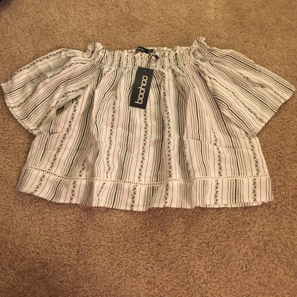 Boohoo Off the Shoulder Striped Crop Top