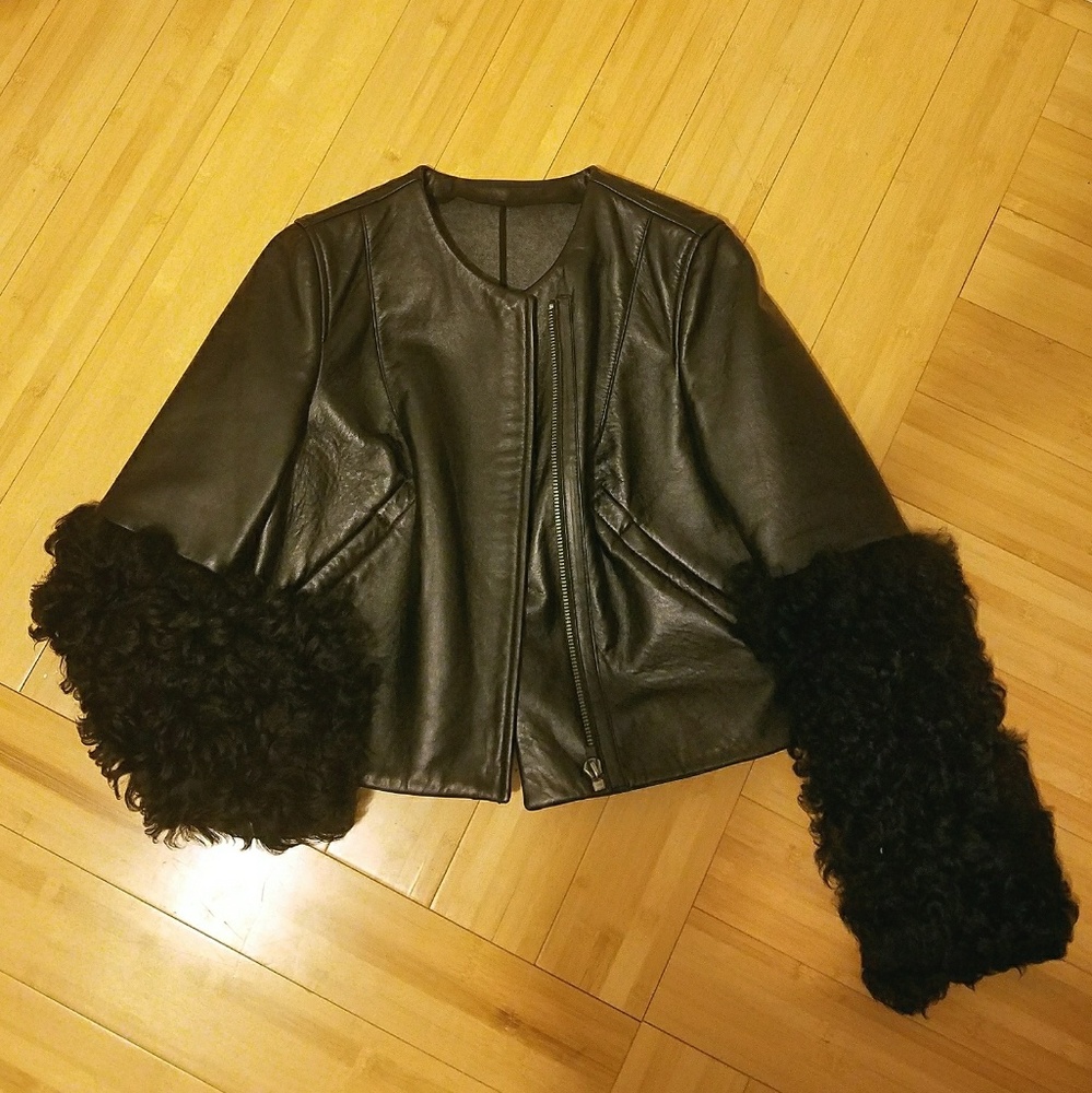Leather and Shearling Fur Collarless Moto Jacket