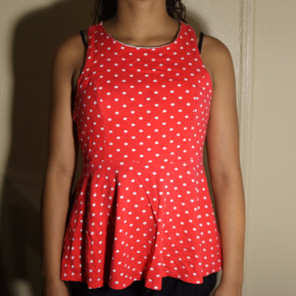 RED AND WHITE POLKA DOT FLARED SHIRT - Picture 1 of 3