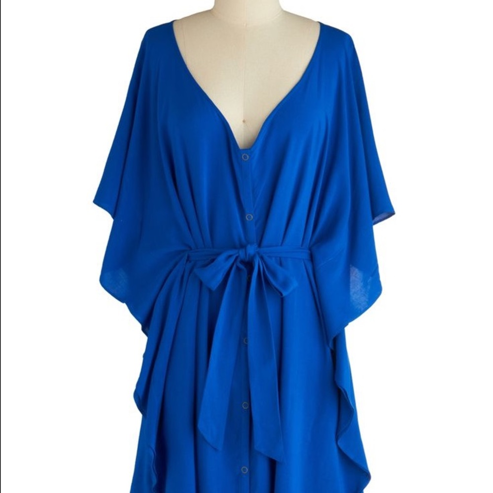 Modcloth Blue Flowy Tie-Waist Shirt Dress