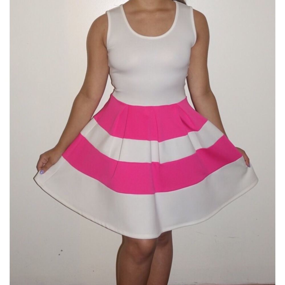 White and Pink Striped Fit and Flare Dress