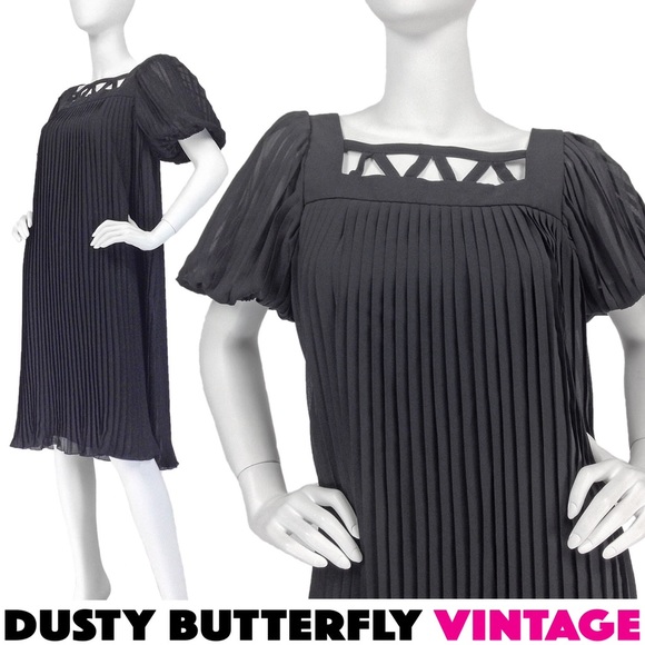 SOLD! VINTAGE 60s BLACK CHIFFON EVENING DRESS Plea - Picture 1 of 5