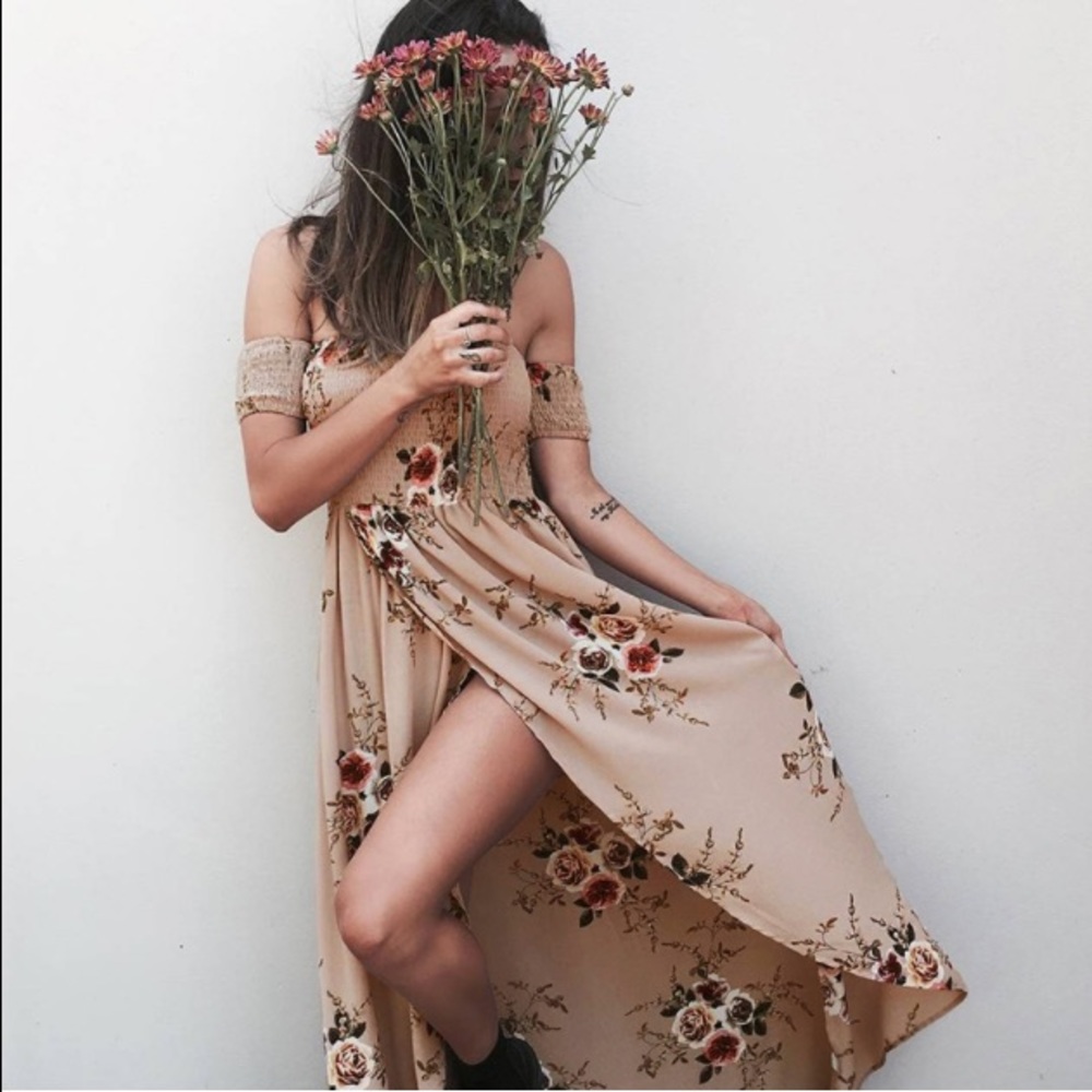 🆕Boho Floral Off Shoulder Maxi Dress Tan - Picture 3 of 5