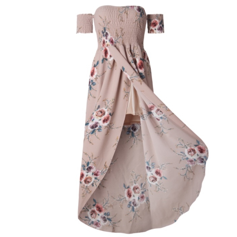 🆕Boho Floral Off Shoulder Maxi Dress Tan - Picture 4 of 5