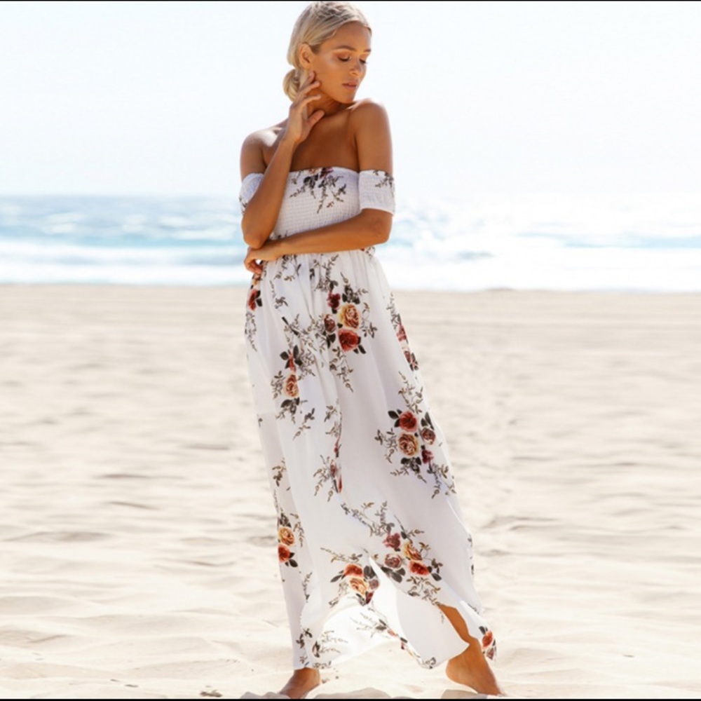 🆕Boho Floral Off Shoulder Maxi Dress White - Picture 1 of 7