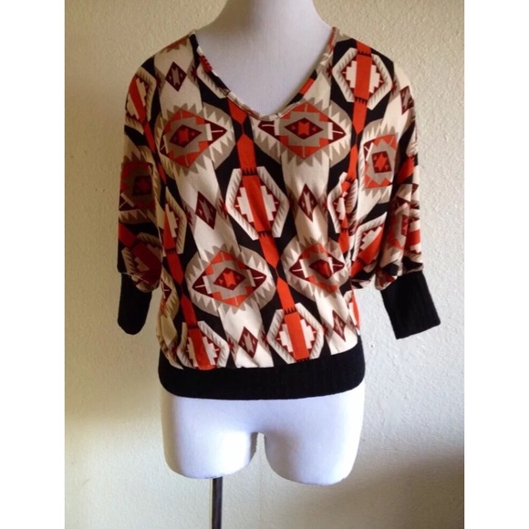 Tops - Orange & Brown Tribal Print Shirt Small