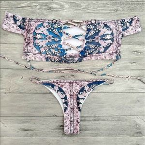 Floral lace up off the shoulder bikini