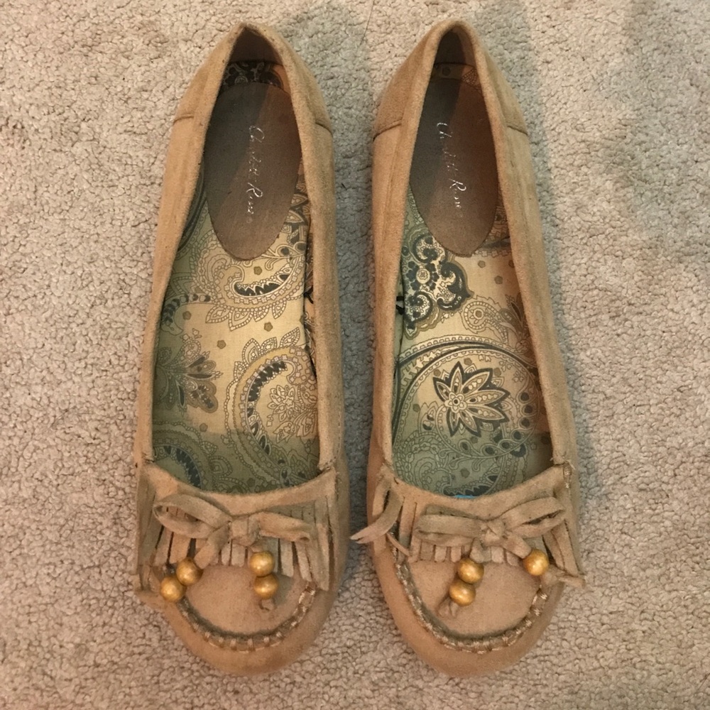 Suede Moccasin Bead Bow Tie Fringe Flats