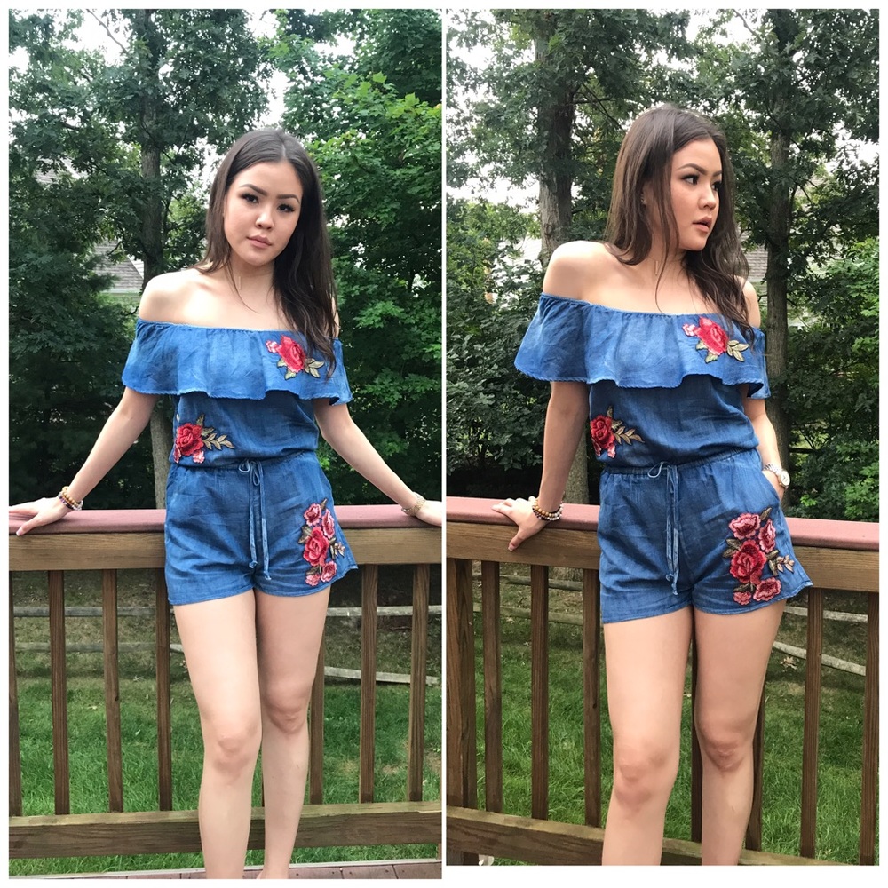 Denim Floral Patch Off Shoulder Romper - Picture 1 of 3